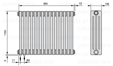 Схема (чертеж) Радиатор Zehnder Charleston 4110/15 №3370 Белый глянцевый RAL 9016